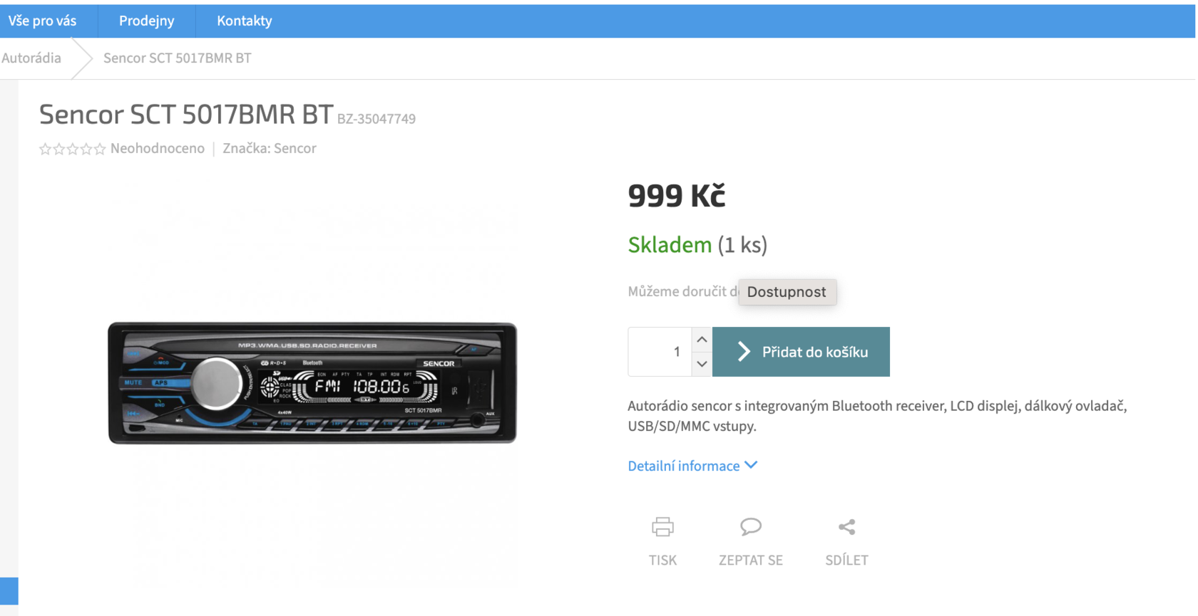 Detail produktu v e-shopu: název „Sencor SCT 5017BMR BT“ neříká nic o tom, o jaký produkt jde