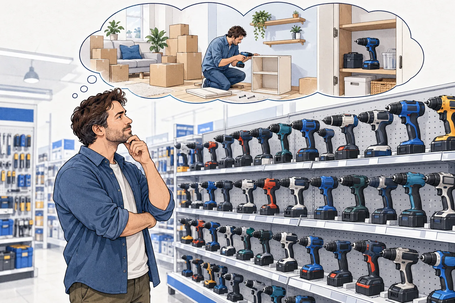 A customer chooses from dozens of cordless drills. In his thought bubble, he assembles furniture after moving house, puts up a shelf and keeps the tool at home.