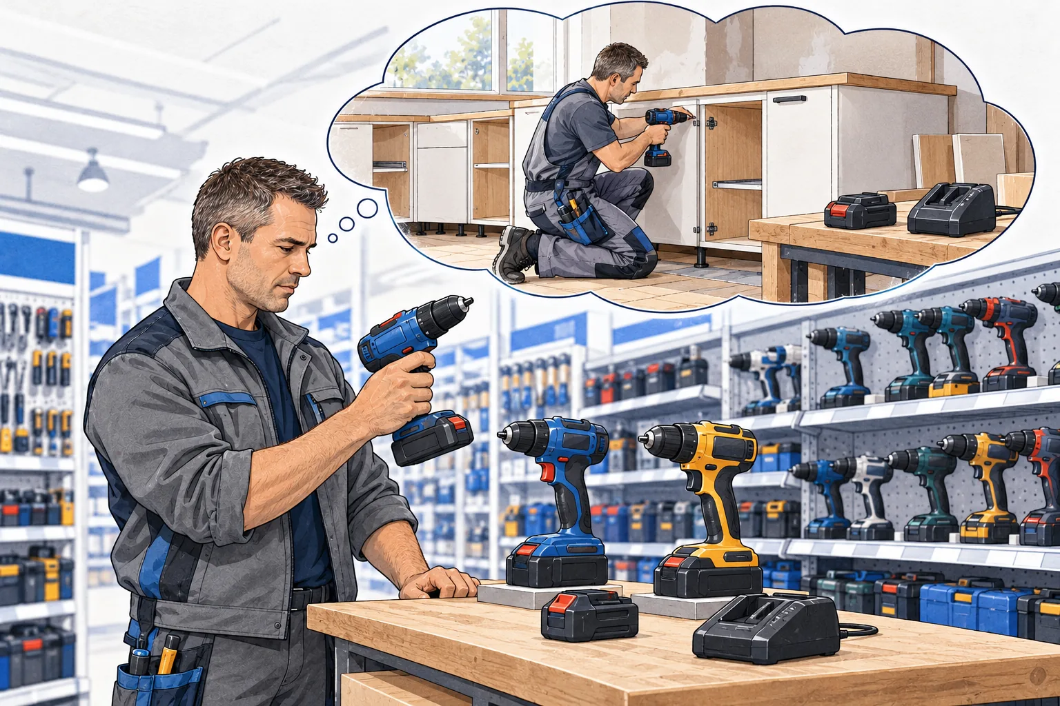 A tradesperson checks how the cordless drill feels in his hand. He pictures fitting kitchens every day; a spare battery and charger are nearby.