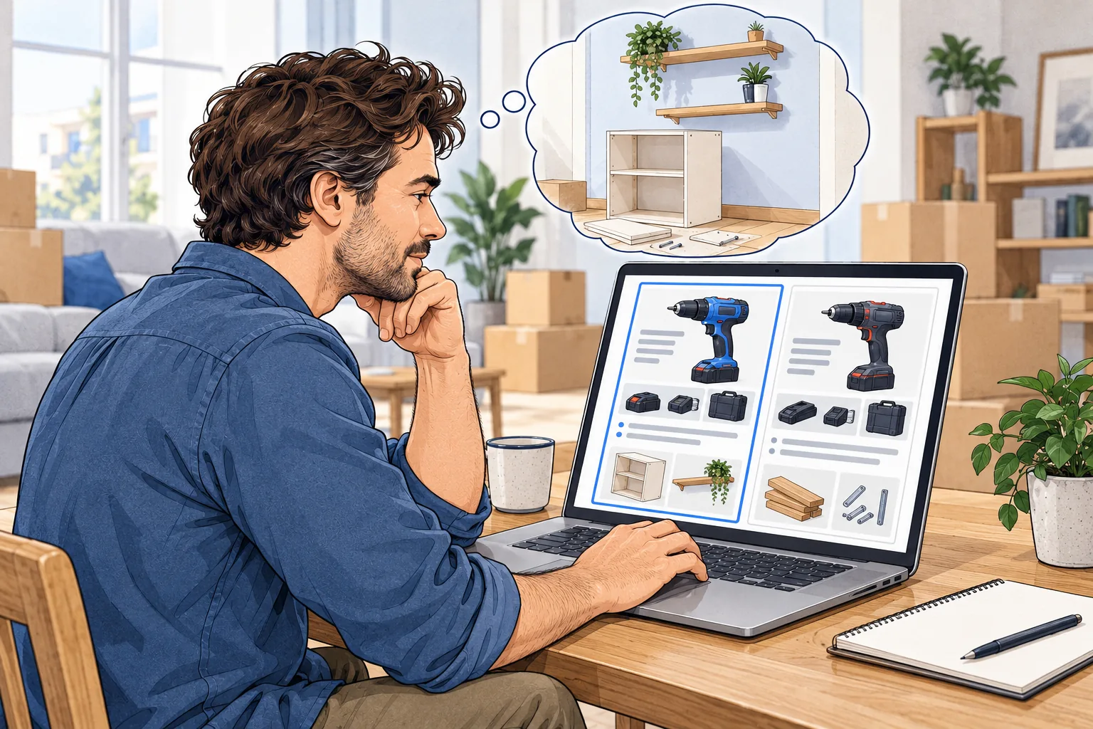 The customer from the first scene compares two models on a laptop, matching what is included and their intended use to his jobs at home.