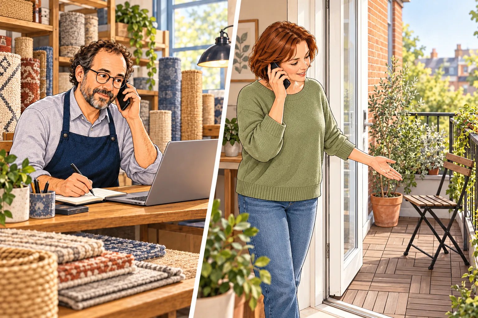 The online rug shop owner notes a phone enquiry. The customer points to the bare floor of a small open balcony.