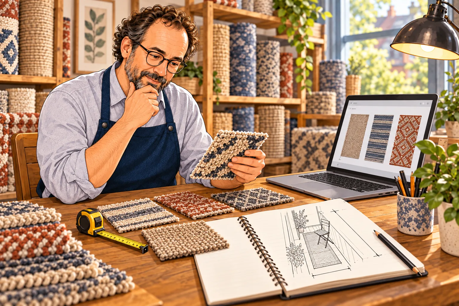 The same owner compares several samples and offers on a laptop; a narrow balcony is sketched in his notebook.