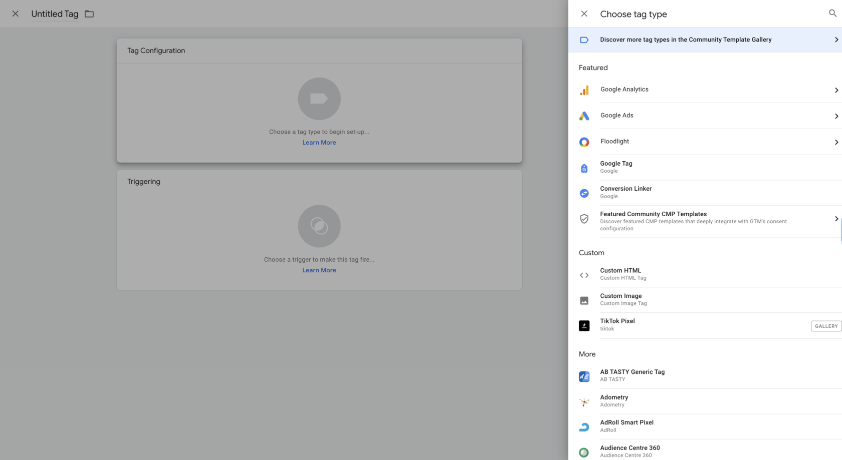 Google Tag Manager: the new tag window with the "Choose tag type" side panel and the list of tag types