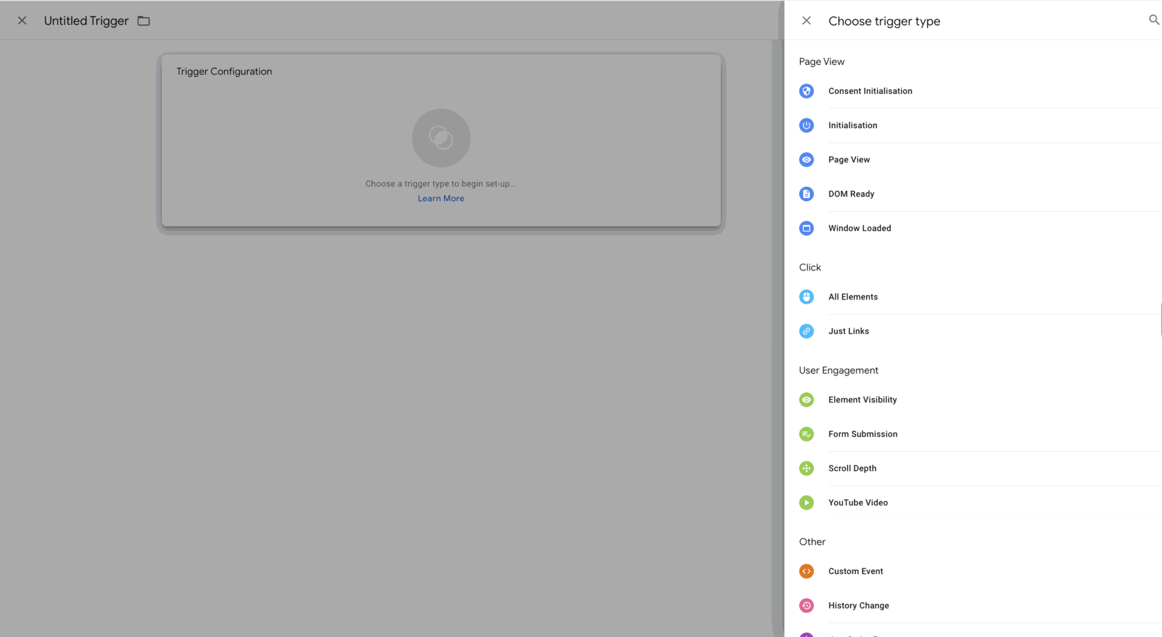 Google Tag Manager: the new trigger window with the "Choose trigger type" side panel and the list of trigger types
