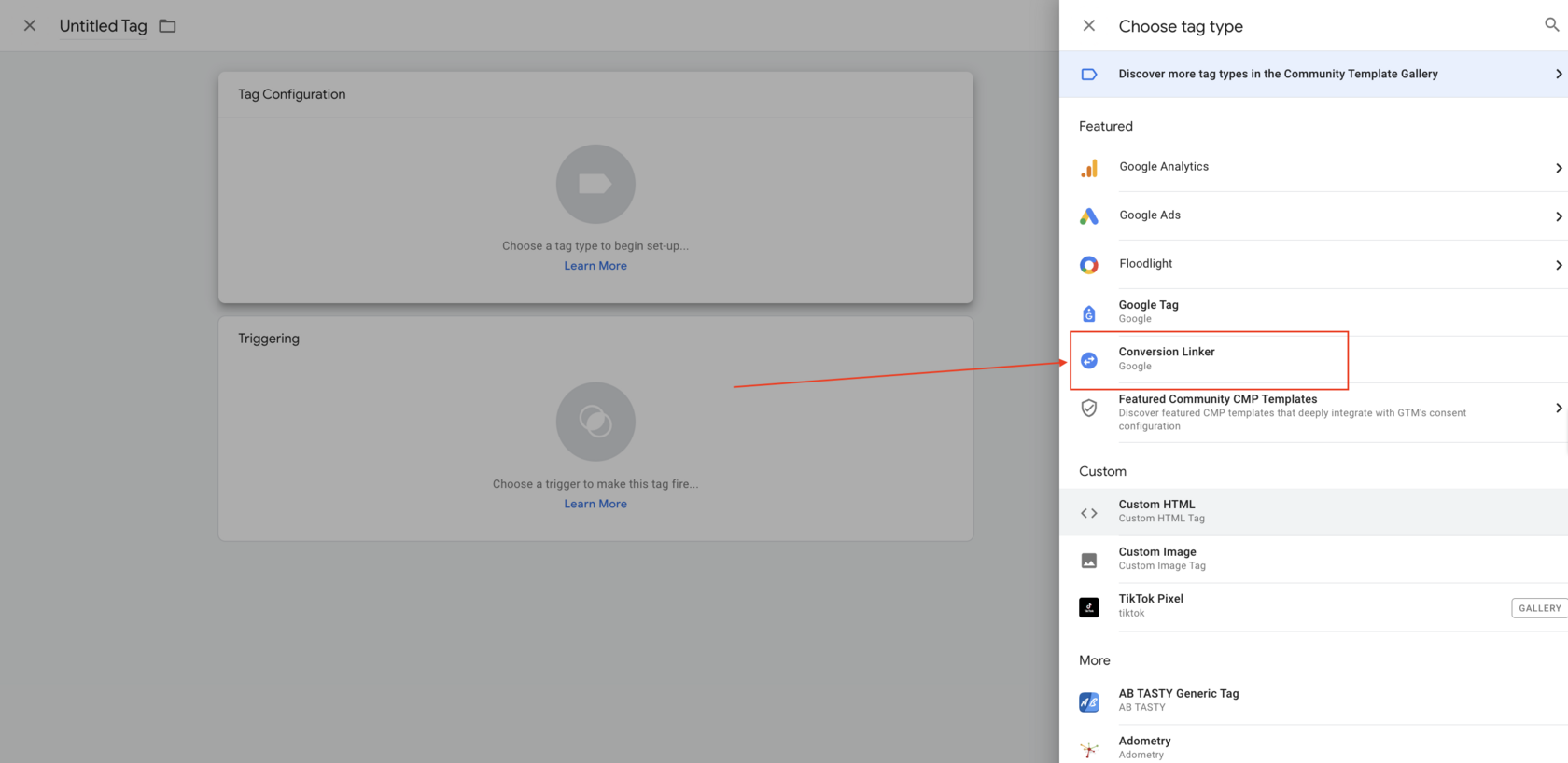 Google Tag Manager: choosing the Conversion Linker tag type in the "Choose tag type" panel