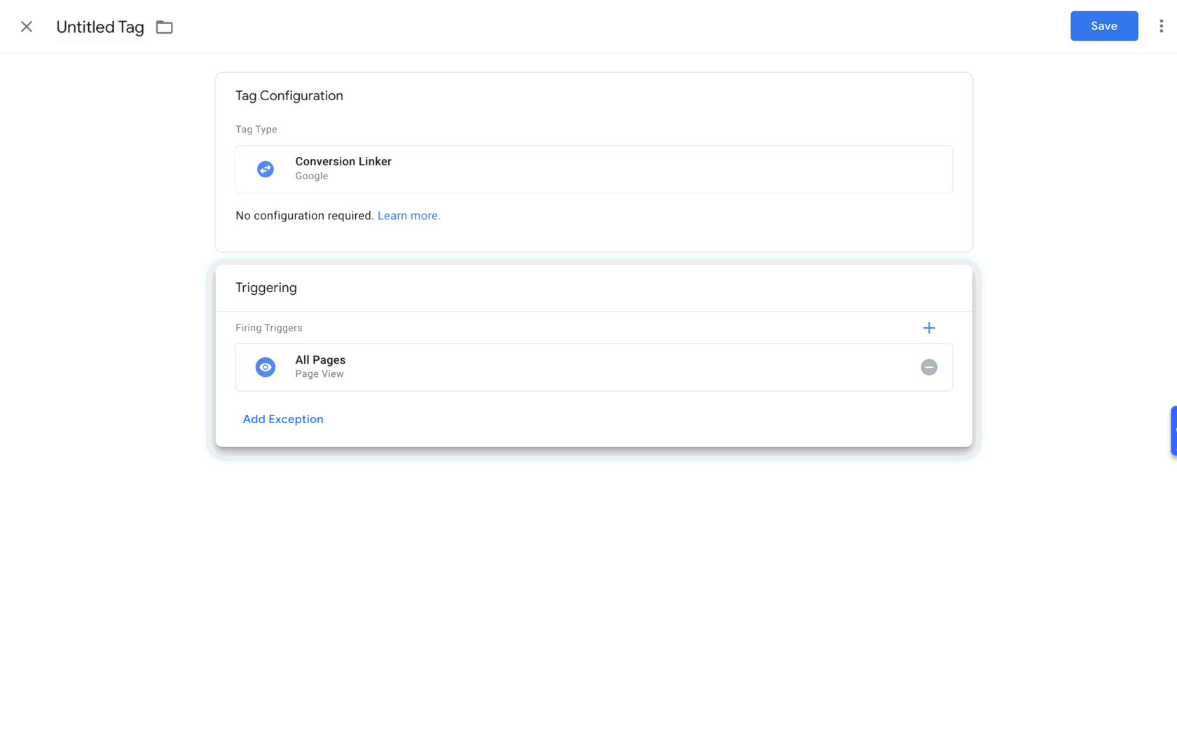Google Tag Manager: the finished Conversion Linker tag with the "All Pages" trigger and the Save button