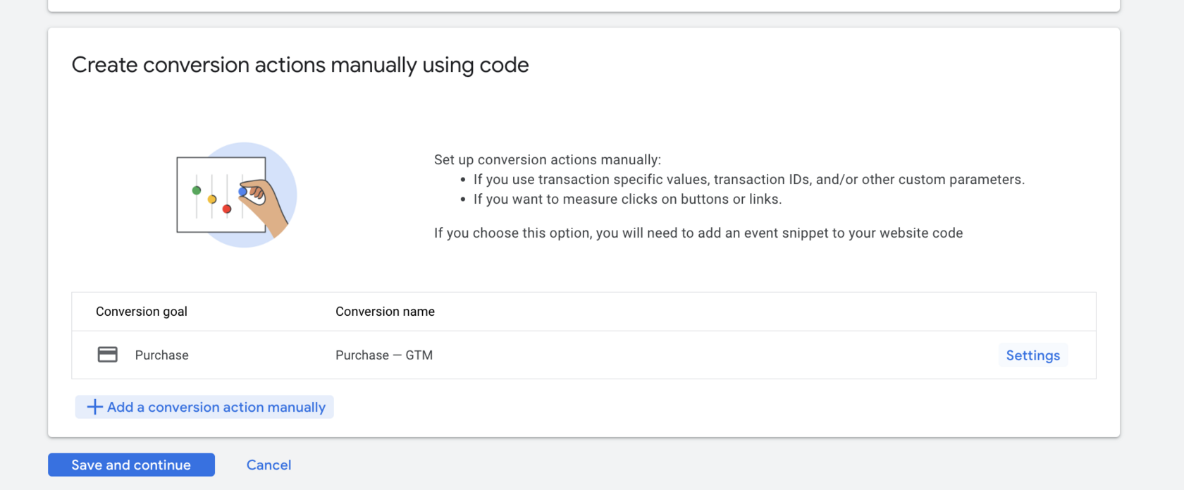 Google Ads: the manually created "Purchase — GTM" conversion action in the table