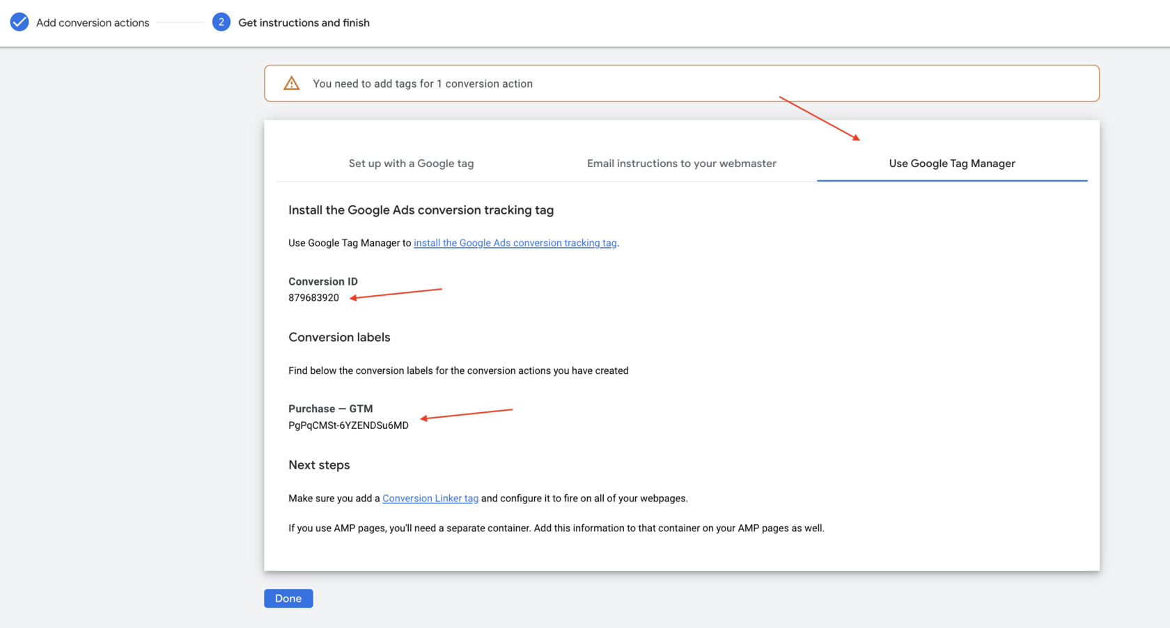 Google Ads: the "Use Google Tag Manager" tab with the Conversion ID and the conversion label