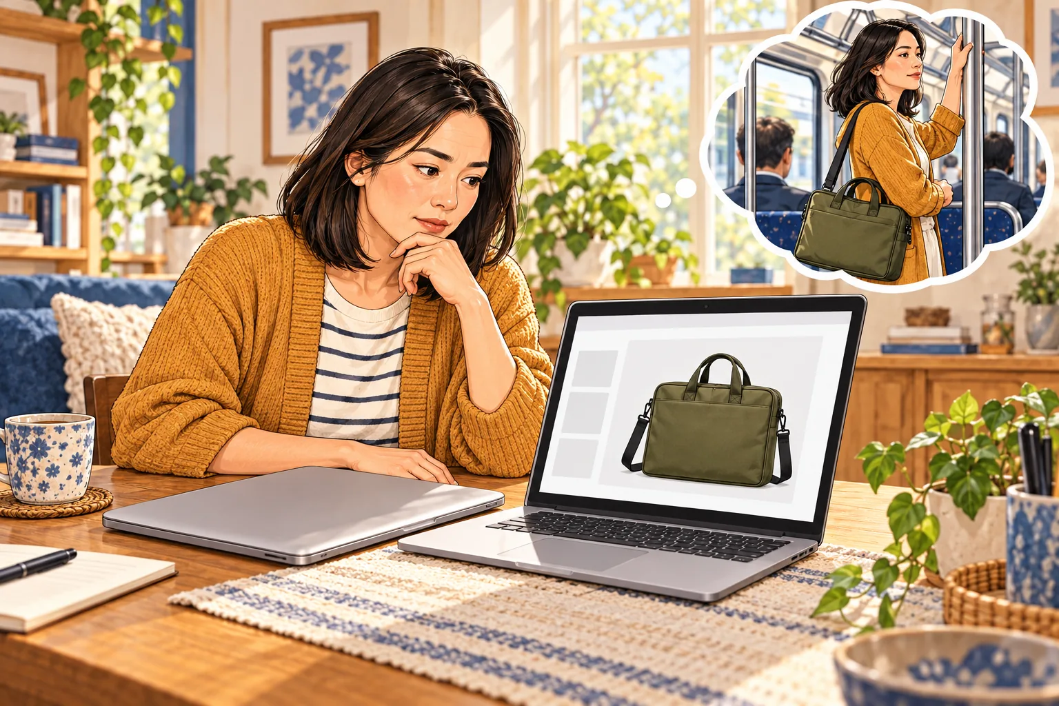 A customer looks at the closed bag on the website, with her laptop nearby. She pictures taking it to work.