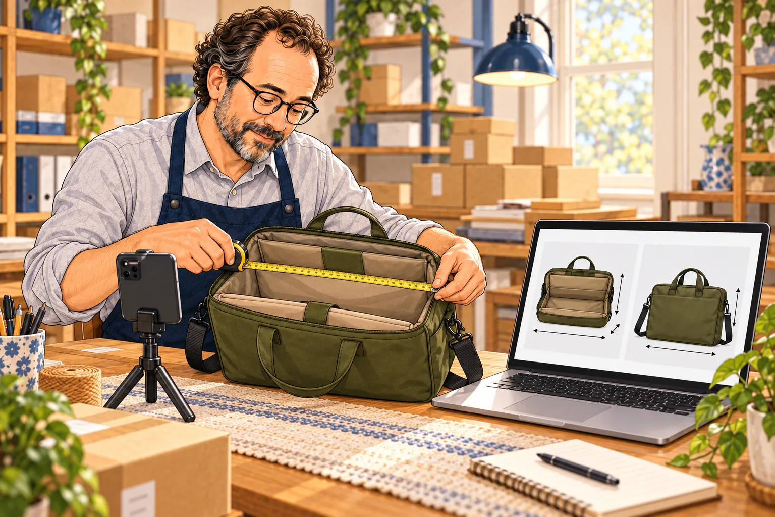The owner measures the open bag’s compartment and prepares photographs for the online product page.