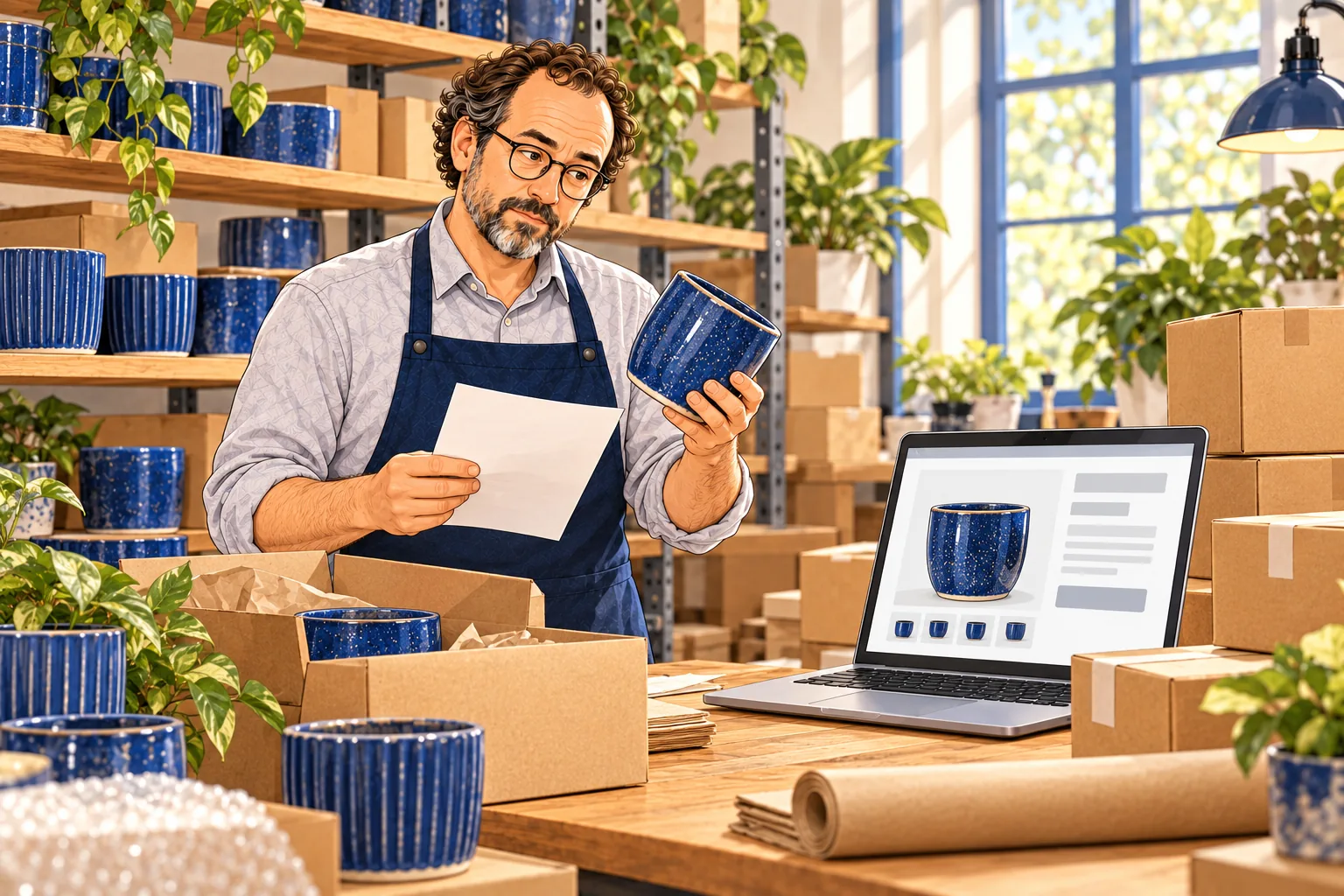 The online shop owner checks the blue plant pots in his warehouse; the product page is open nearby.