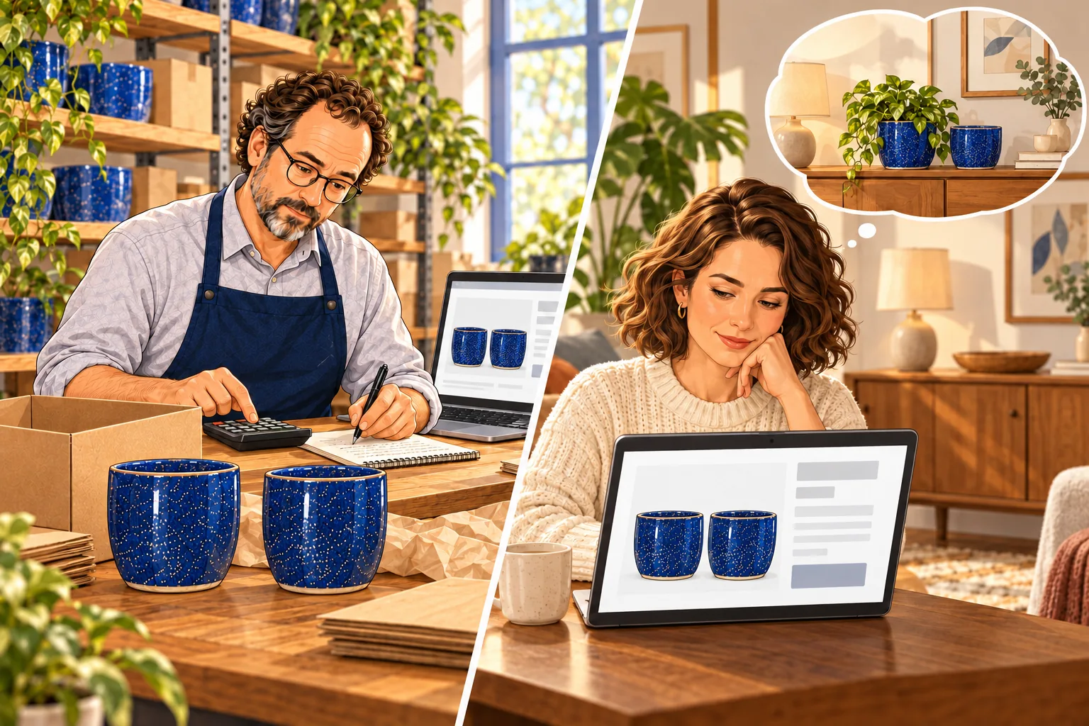 The owner calculates dispatch costs. The customer looks at a matching pair of blue plant pots on screen and pictures them on her sideboard.