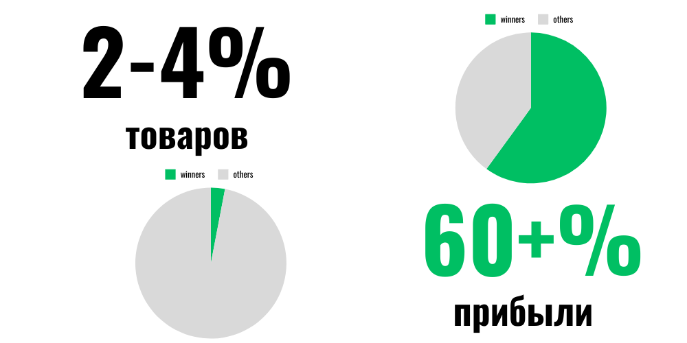 Winners: 2-4 % товаров дают 60+ % прибыли — две круговые диаграммы, доля товаров и доля прибыли